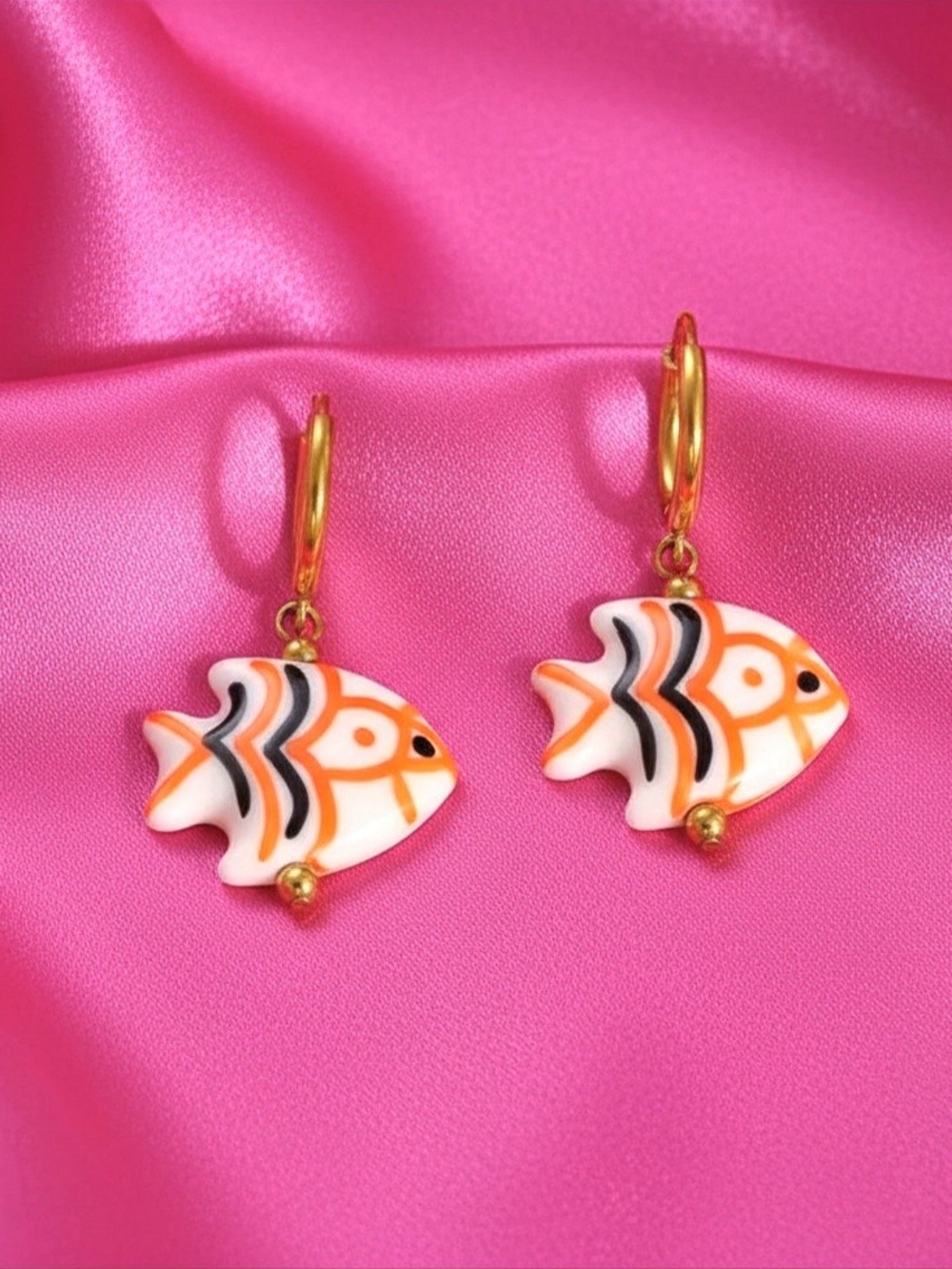 Gold & Orange Fish‎ Drop Earrings – Cute Fish Charm Hoops